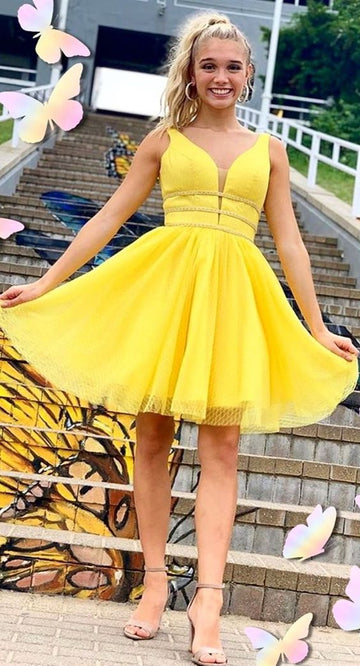 yellow short homecoming dresses, semi formal dresses for teens, cheap hoco dresses HZ1023